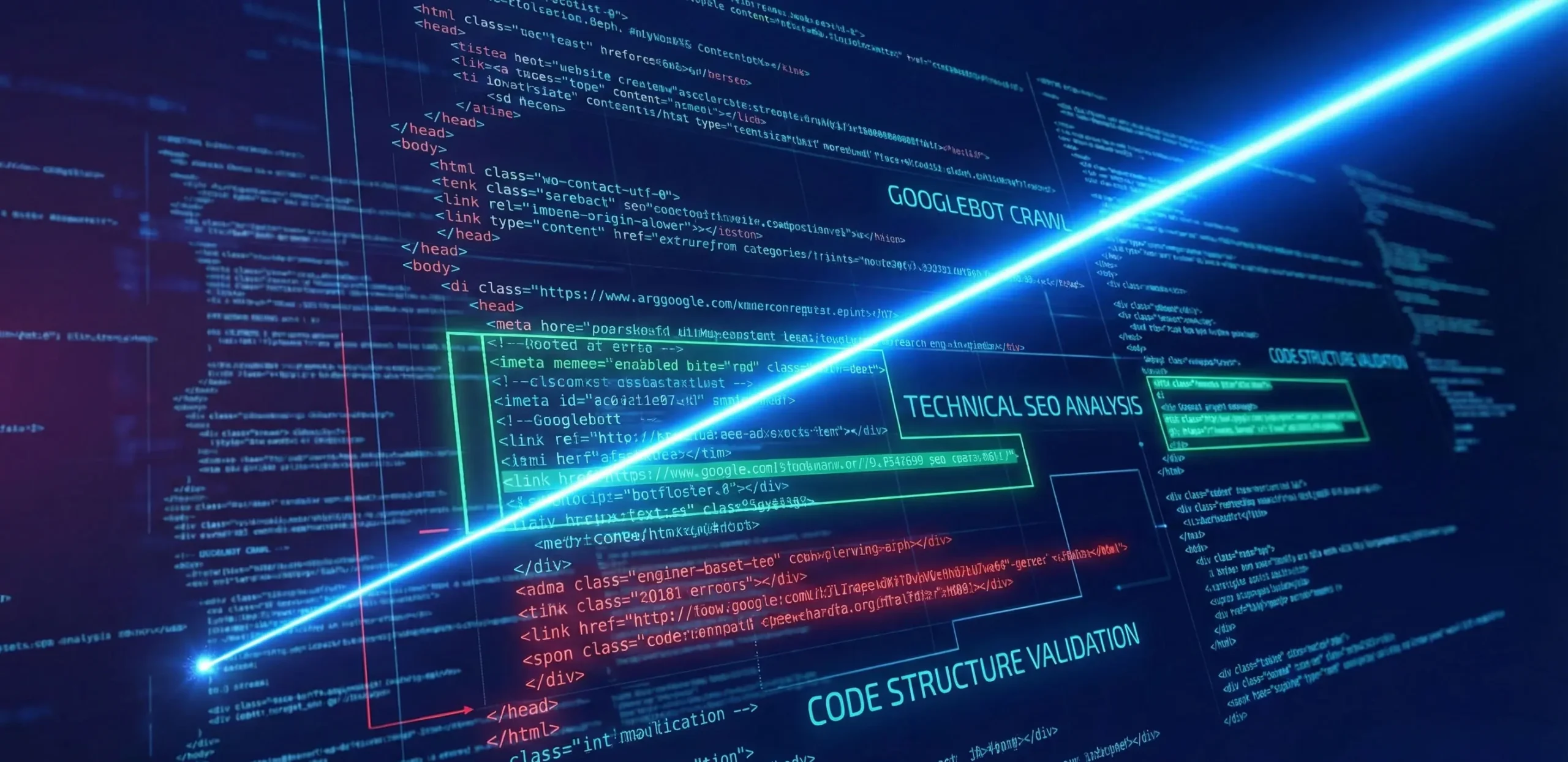 Gráfico digital que muestra la estructura interna de código de una página web siendo escaneada por un láser azul, representando el análisis de los bots de Google sobre el SEO técnico.